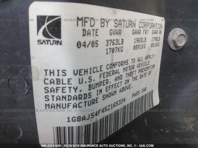 1G8AJ54F45Z165334 - 2005 SATURN ION LEVEL 2 Ağ foto 9