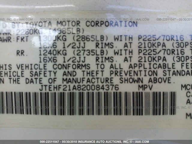 JTEHF21A820084376 - 2002 TOYOTA HIGHLANDER LIMITED WHITE photo 9