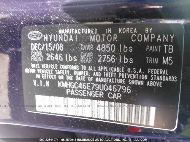 KMHGC46E79U046796 - 2009 HYUNDAI GENESIS 3.8L BLUE photo 9