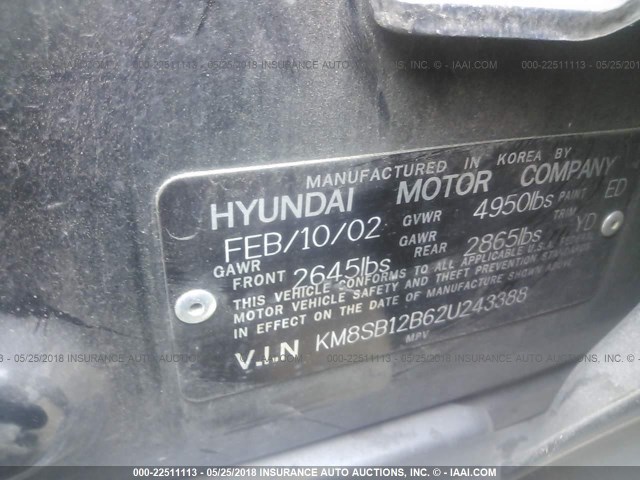 KM8SB12B62U243388 - 2002 HYUNDAI SANTA FE GL BLACK photo 9