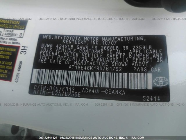 4T1BE46K18U761792 - 2008 TOYOTA CAMRY CE/LE/XLE/SE WHITE photo 9