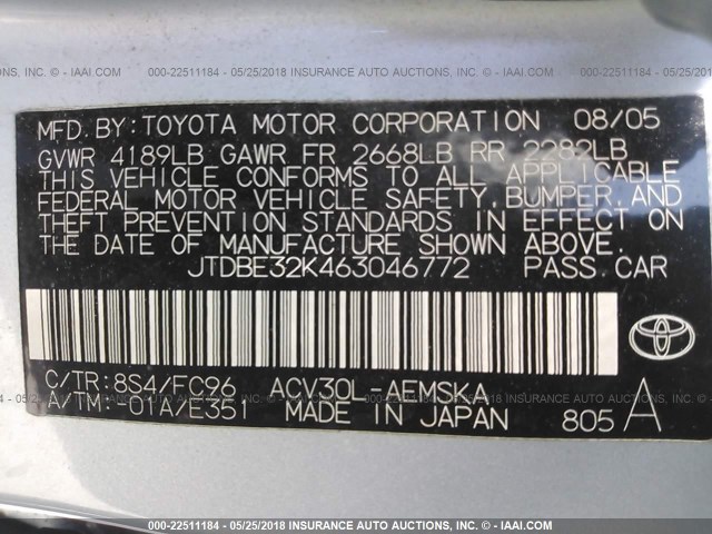 JTDBE32K463046772 - 2006 TOYOTA CAMRY LE/XLE 蓝色 照片 9
