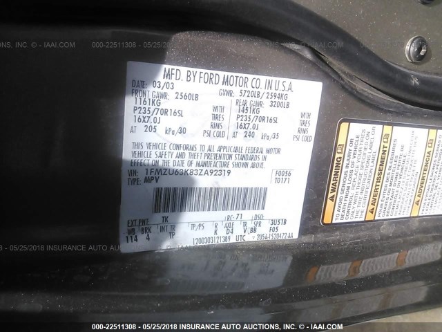 1FMZU63K83ZA92319 - 2003 FORD EXPLORER XLT/XLT SPORT/NBX 金色 照片 9