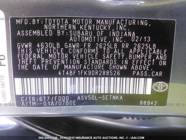 4T4BF1FK9DR288526 - 2013 TOYOTA CAMRY L/SE/LE/XLE 绿色 照片 9