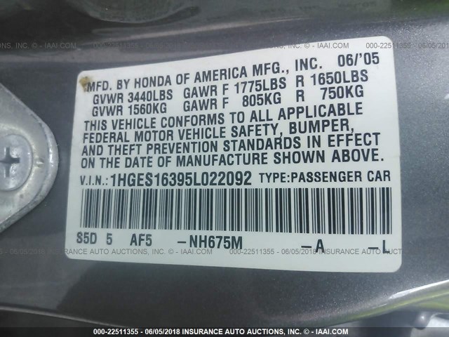 1HGES16395L022092 - 2005 HONDA CIVIC DX VP GRAY photo 9