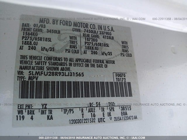 5LMFU28R93LJ31565 - 2003 LINCOLN NAVIGATOR 白色 照片 9