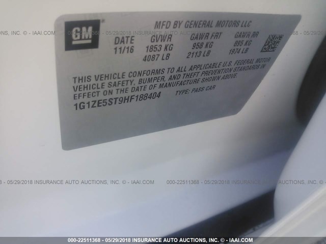 1G1ZE5ST9HF188404 - 2017 CHEVROLET MALIBU LT WHITE photo 9