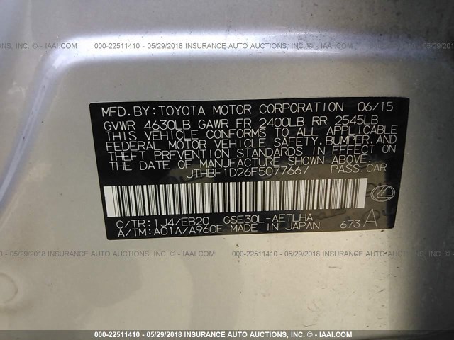 JTHBF1D26F5077667 - 2015 LEXUS IS 250 SILVER photo 9