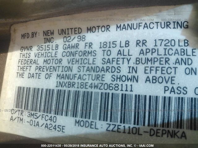 1NXBR18E4WZ068111 - 1998 TOYOTA COROLLA VE/CE/LE 金色 照片 9