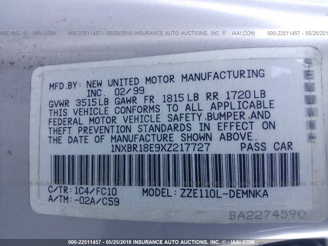 1NXBR18E9XZ217727 - 1999 TOYOTA COROLLA VE/CE/LE 银色 照片 9