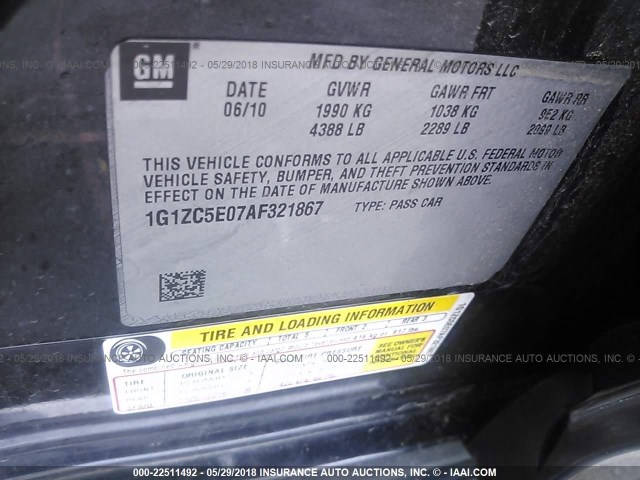 1G1ZC5E07AF321867 - 2010 CHEVROLET MALIBU 1LT 黑色 照片 9