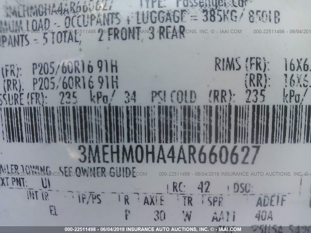 3MEHM0HA4AR660627 - 2010 MERCURY MILAN 银色 照片 9