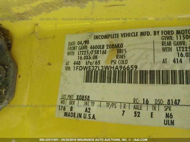 1FDWE37L3WHA96659 - 1998 FORD ECONOLINE E350 CUTAWAY VAN YELLOW photo 10