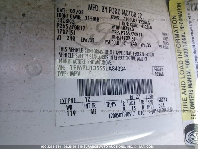 1FMPU13555LA84334 - 2005 FORD EXPEDITION XLS WHITE photo 9