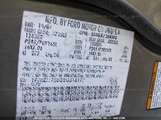 1FMZU75E32UB16177 - 2002 FORD EXPLORER LIMITED შამპანური ფოტო 9