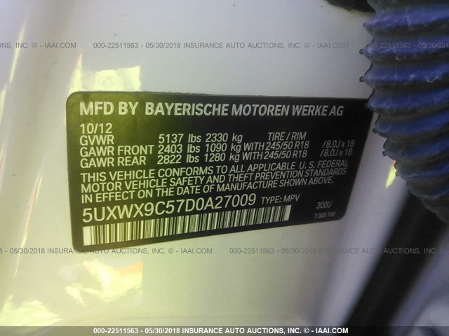 5UXWX9C57D0A27009 - 2013 BMW X3 XDRIVE28I WHITE photo 9