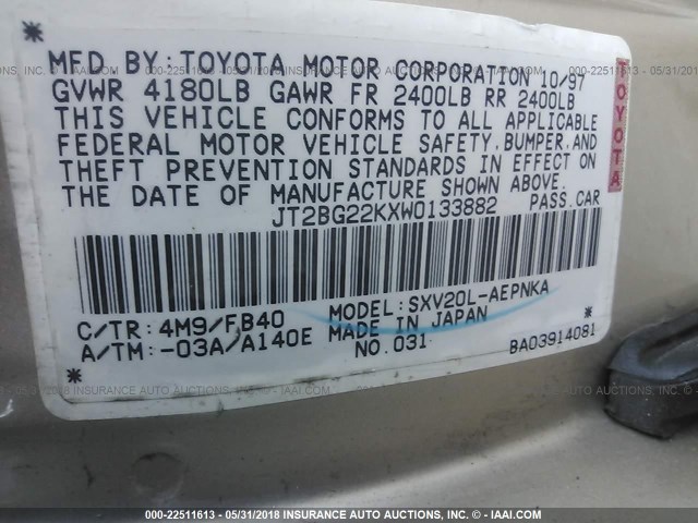 JT2BG22KXW0133882 - 1998 TOYOTA CAMRY CE/LE/XLE BEIGE photo 9