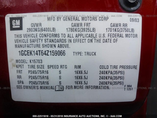 1GCEK14T64Z159066 - 2004 CHEVROLET SILVERADO K1500 RED photo 9