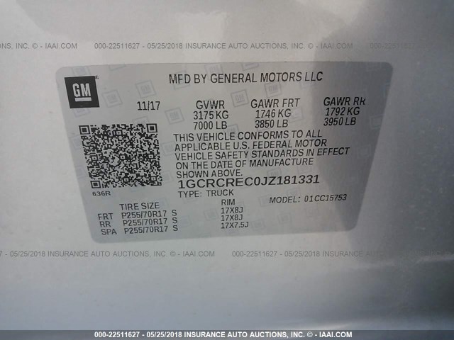 1GCRCREC0JZ181331 - 2018 CHEVROLET SILVERADO C1500 LT Silber Foto 9