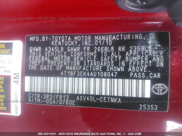 4T1BF3EK4AU108047 - 2010 TOYOTA CAMRY SE/LE/XLE 红色 照片 9