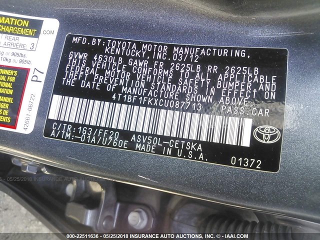 4T1BF1FKXCU087713 - 2012 TOYOTA CAMRY SE/LE/XLE BLACK photo 9