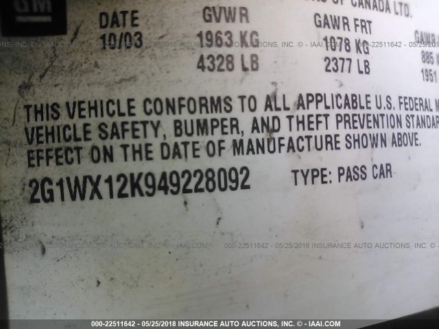 2G1WX12K949228092 - 2004 CHEVROLET MONTE CARLO SS შავი ფოტო 9