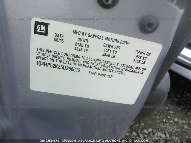 1G4HP52K35U286612 - 2005 BUICK LESABRE CUSTOM GRAY photo 9