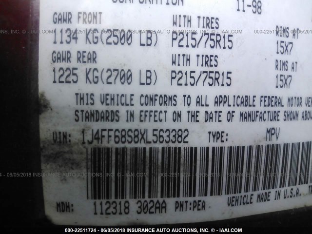 1J4FF68S8XL563382 - 1999 JEEP CHEROKEE SPORT/CLASSIC წითელი ფოტო 9