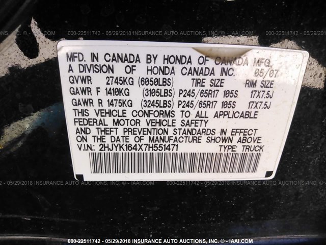 2HJYK164X7H551471 - 2007 HONDA RIDGELINE RTS BLACK photo 9