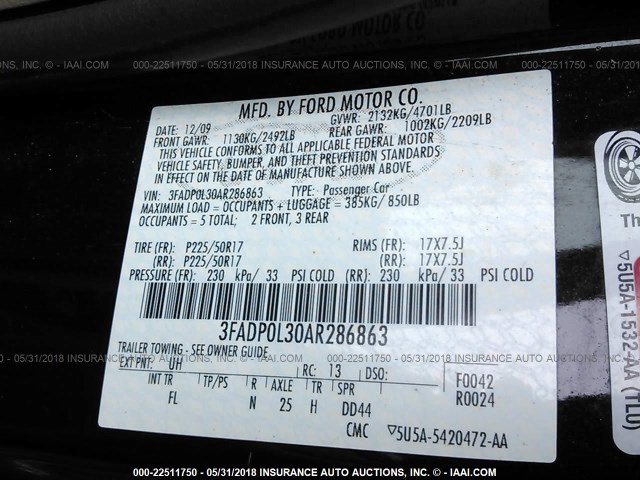 3FADP0L30AR286863 - 2010 FORD FUSION HYBRID BLACK photo 9