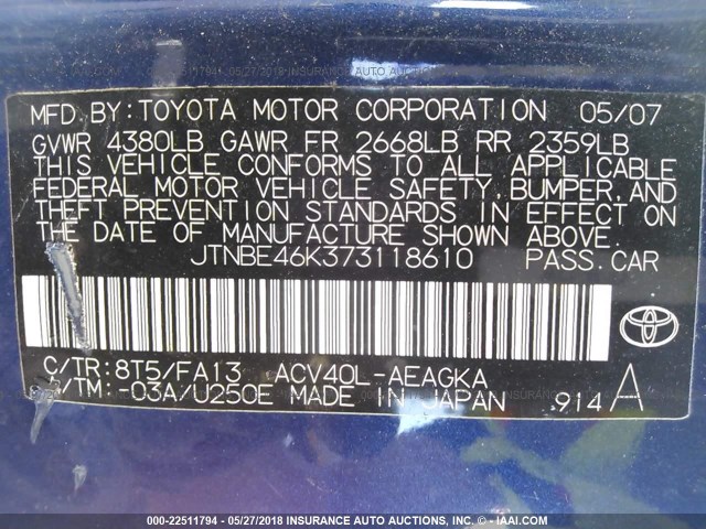 JTNBE46K373118610 - 2007 TOYOTA CAMRY NEW GENERAT CE/LE/XLE/SE BLUE photo 9