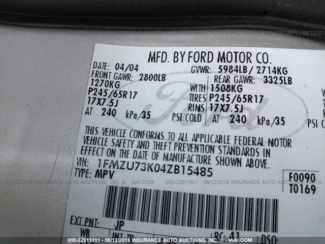 1FMZU73K04ZB15485 - 2004 FORD EXPLORER XLT/XLT SPORT/NBX SILVER photo 9