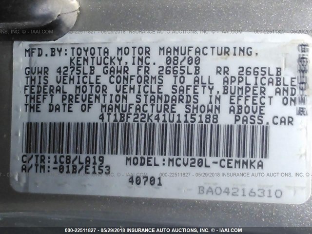 4T1BF22K41U115188 - 2001 TOYOTA CAMRY LE/XLE Silber Foto 9