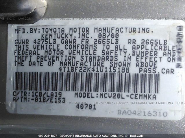 4T1BF22K41U115188 - 2001 TOYOTA CAMRY LE/XLE SILVER photo 9