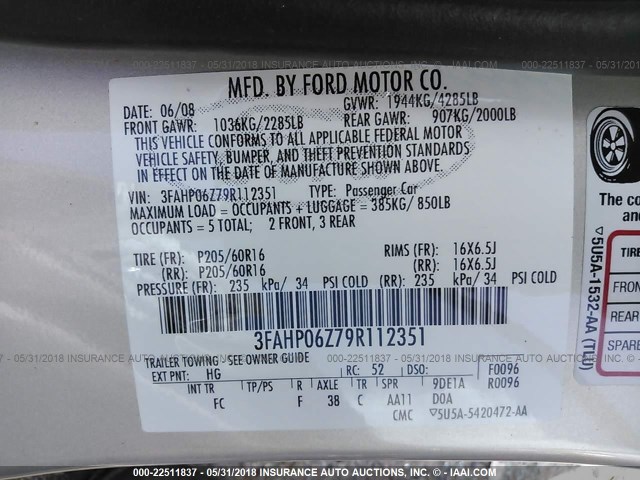 3FAHP06Z79R112351 - 2009 FORD FUSION S TAN photo 9