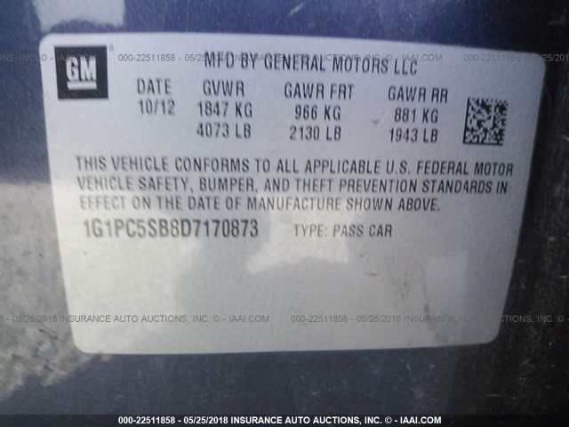 1G1PC5SB8D7170873 - 2013 CHEVROLET CRUZE LT GRAY photo 9