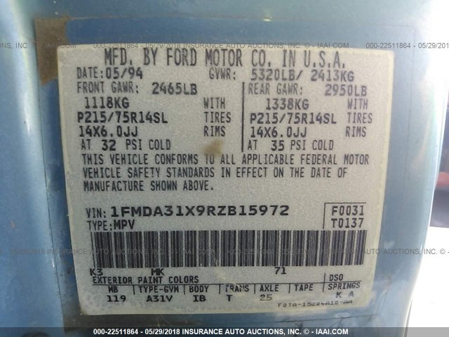 1FMDA31X9RZB15972 - 1994 FORD AEROSTAR BLUE photo 9