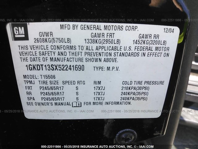 1GKDT13SX52241690 - 2005 GMC ENVOY BLACK photo 9