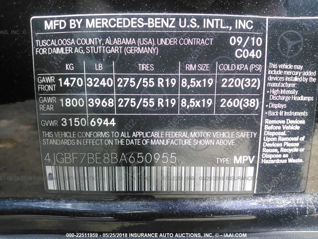 4JGBF7BE8BA650955 - 2011 MERCEDES-BENZ GL 450 4MATIC BLACK photo 9