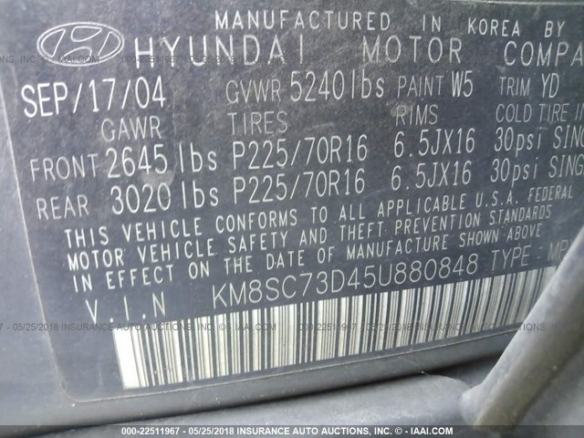 KM8SC73D45U880848 - 2005 HYUNDAI SANTA FE GLS/LX Dark Blue photo 9