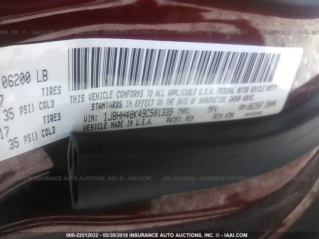 1J8HH48K49C501339 - 2009 JEEP COMMANDER SPORT მუქწითელი ფოტო 9