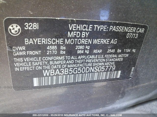 WBA3B5G50DNS05779 - 2013 BMW 328 XI SULEV WHITE photo 9