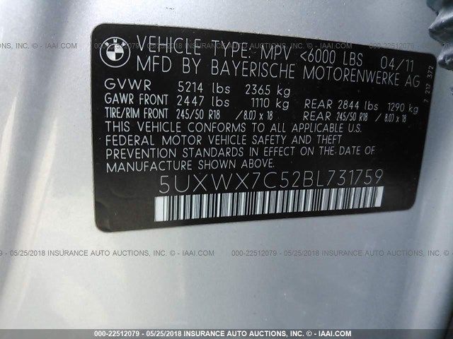 5UXWX7C52BL731759 - 2011 BMW X3 XDRIVE35I SILVER photo 9