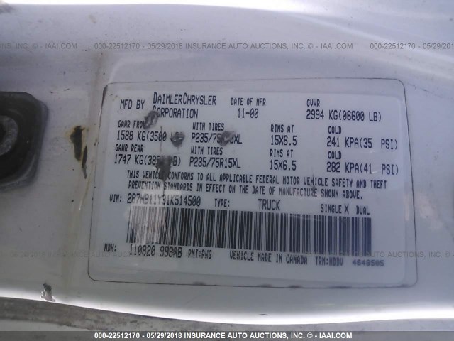 2B7HB11Y31K514500 - 2001 DODGE RAM VAN B1500 WHITE photo 9