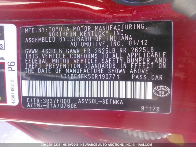 4T4BF1FK5CR190771 - 2012 TOYOTA CAMRY SE/LE/XLE წითელი ფოტო 9