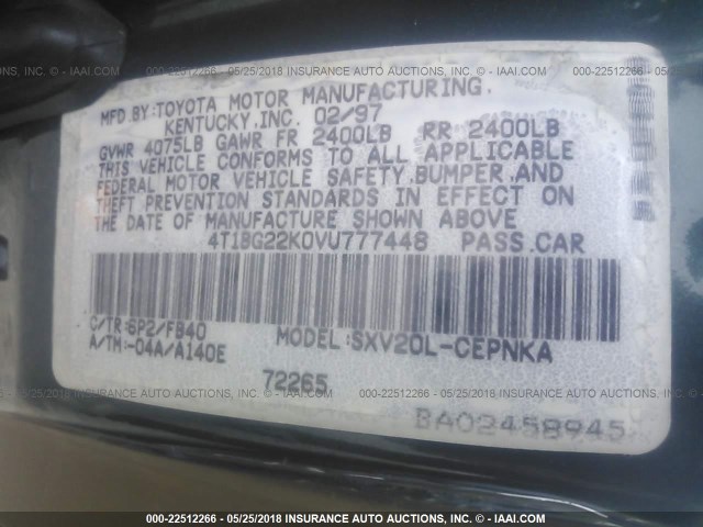 4T1BG22K0VU777448 - 1997 TOYOTA CAMRY CE/LE/XLE 绿色 照片 9