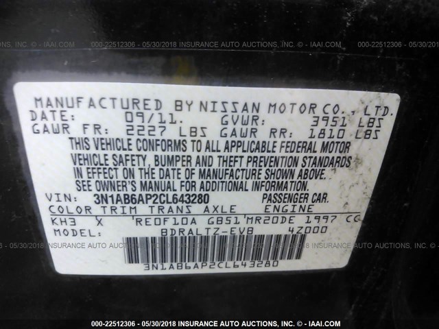 3N1AB6AP2CL643280 - 2012 NISSAN SENTRA 2.0/2.0S/SR/2.0SL BLACK photo 9