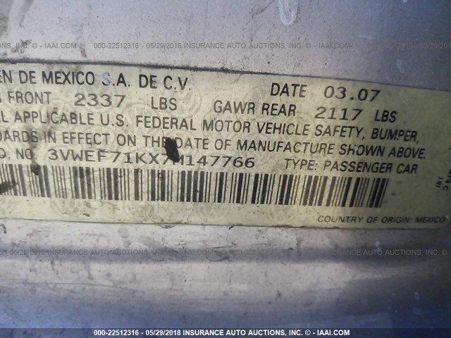 3VWEF71KX7M147766 - 2007 VOLKSWAGEN JETTA WOLFSBURG 银色 照片 9