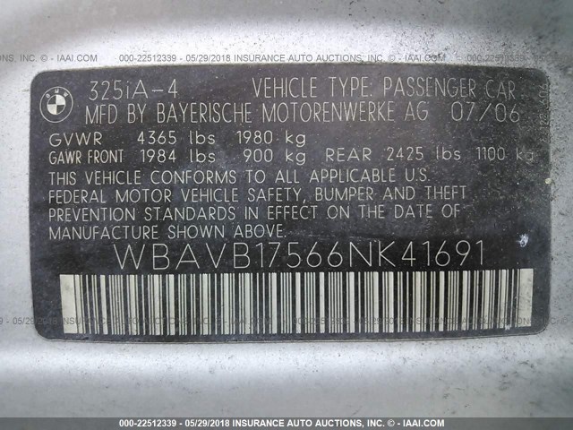 WBAVB17566NK41691 - 2006 BMW 325 I AUTOMATIC SILVER photo 9