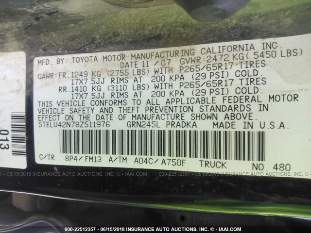 5TELU42N78Z511976 - 2008 TOYOTA TACOMA DOUBLE CAB ლურჯი ფოტო 9